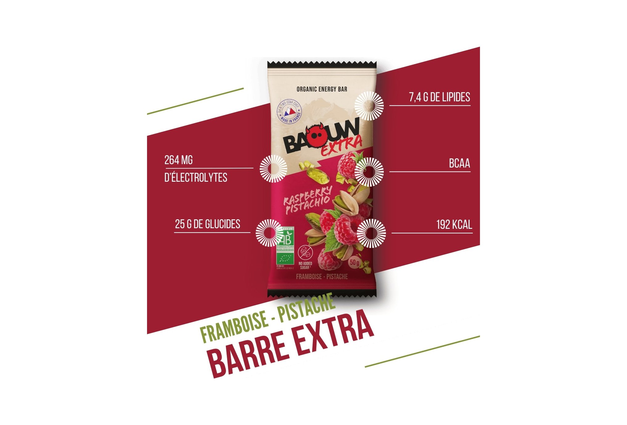 Baouw Organic Energy Bar Extra - Raspberry - Pistachio