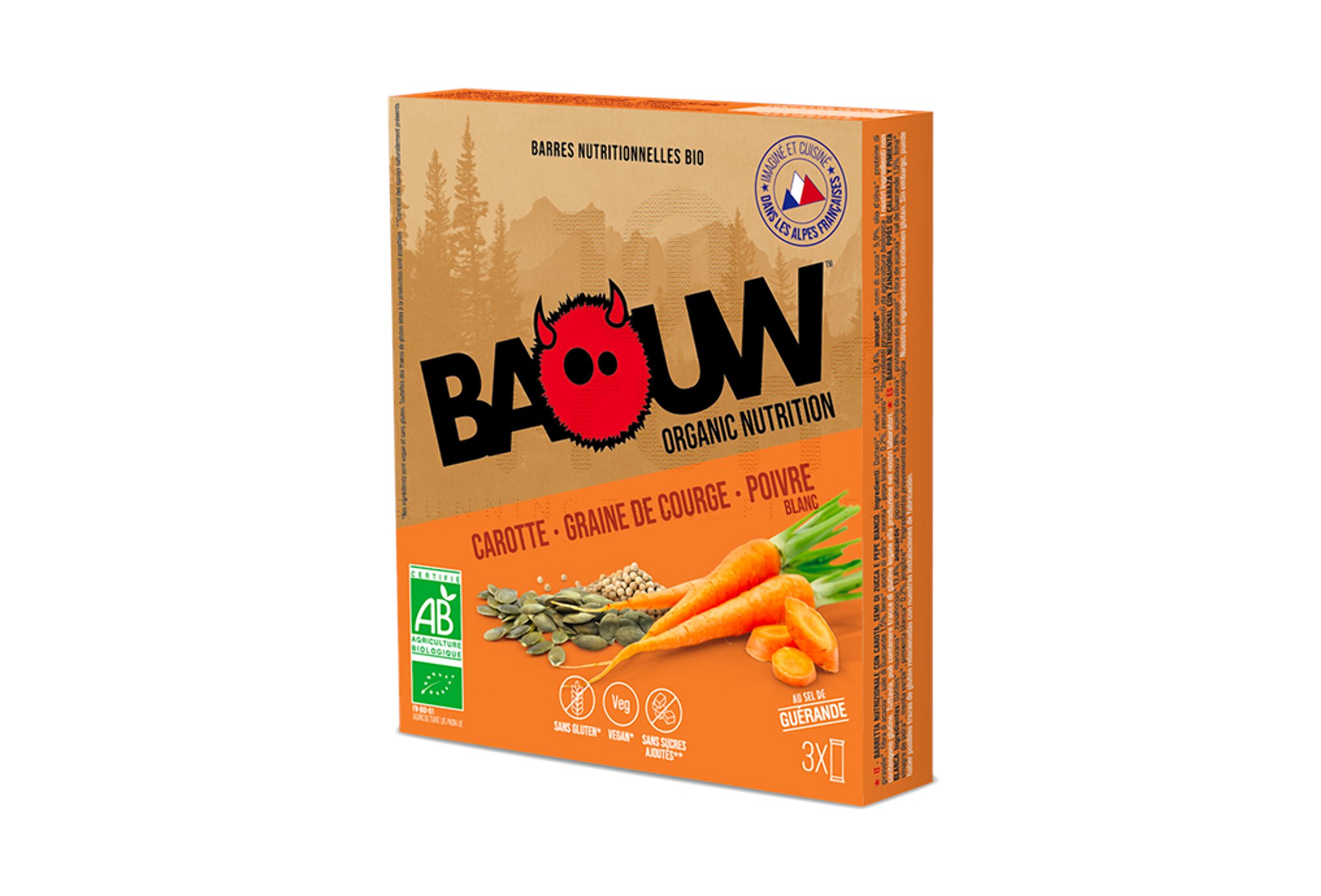 Baouw �tui 3 barres nutritionnelles bio - Carotte - Graine de courge - Poivre blanc