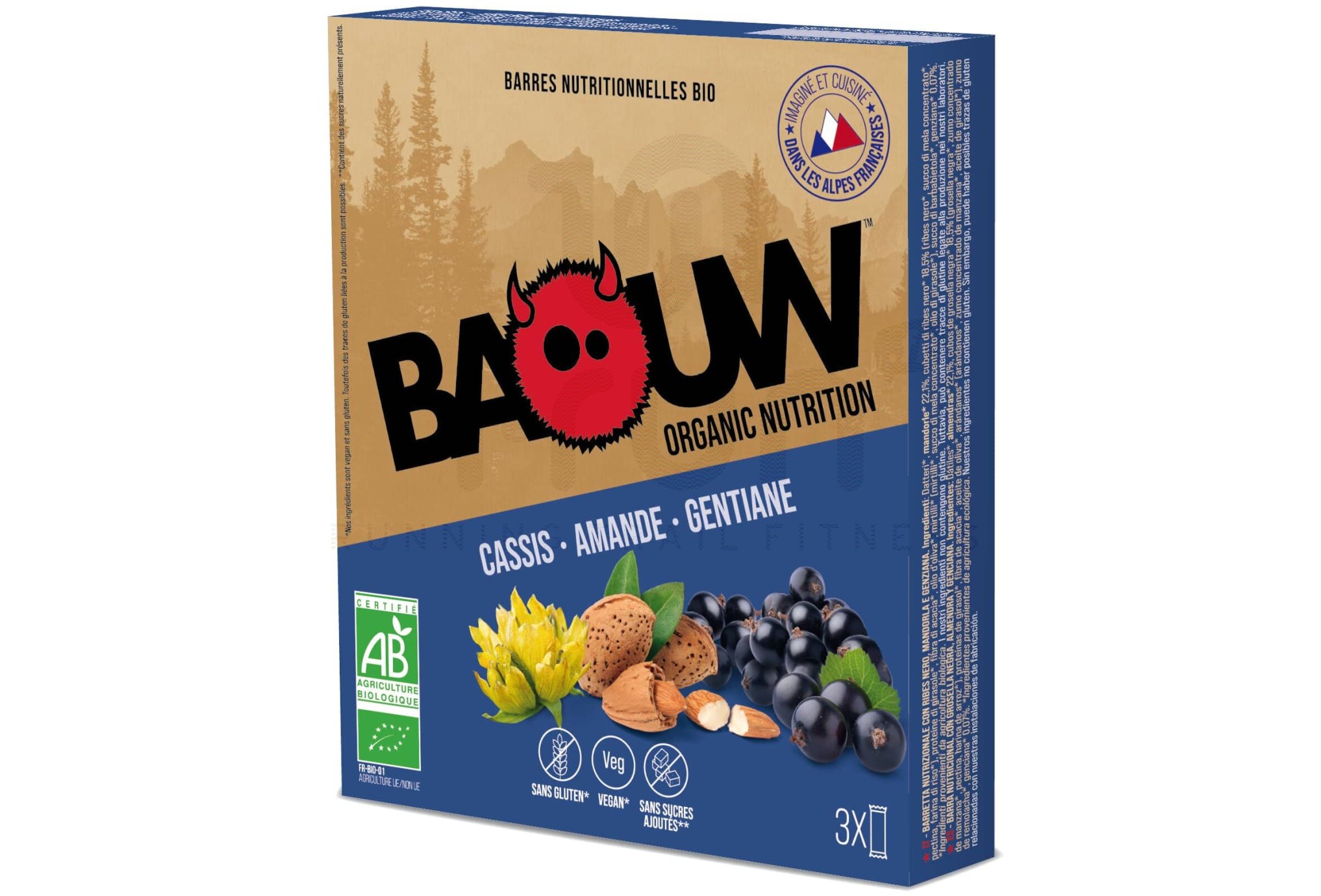 Baouw �tui 3 Barres nutritionnelles bio - Cassis - Amande - Gentiane