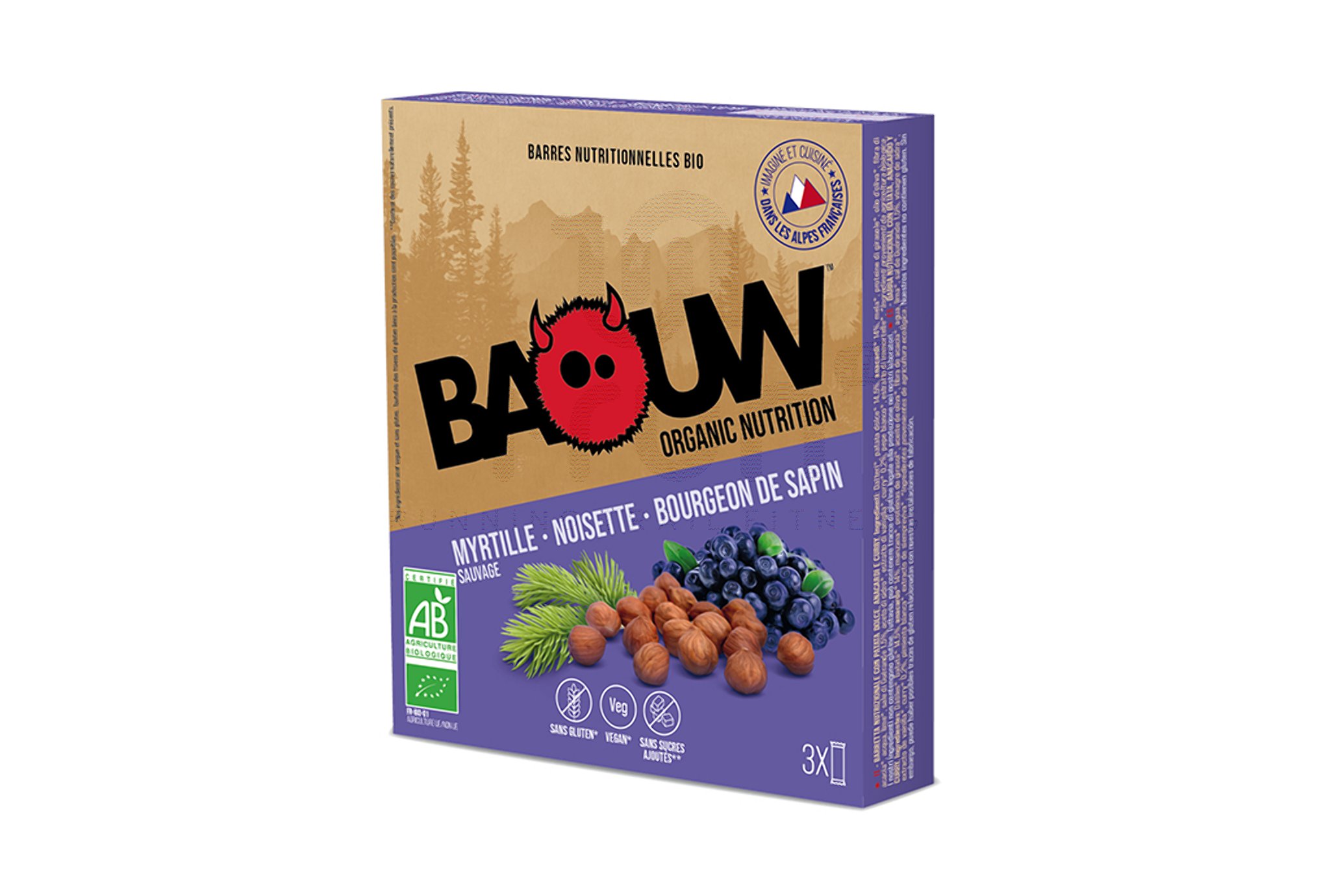 Baouw ?tui 3 barres nutritionnelles bio - Myrtille sauvage - Noisette - Bourgeon de sapin