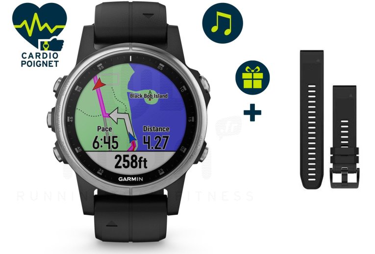 Garmin Fenix 5S Plus Silver et Bracelet QuickFit Cuir 22 mm offert 