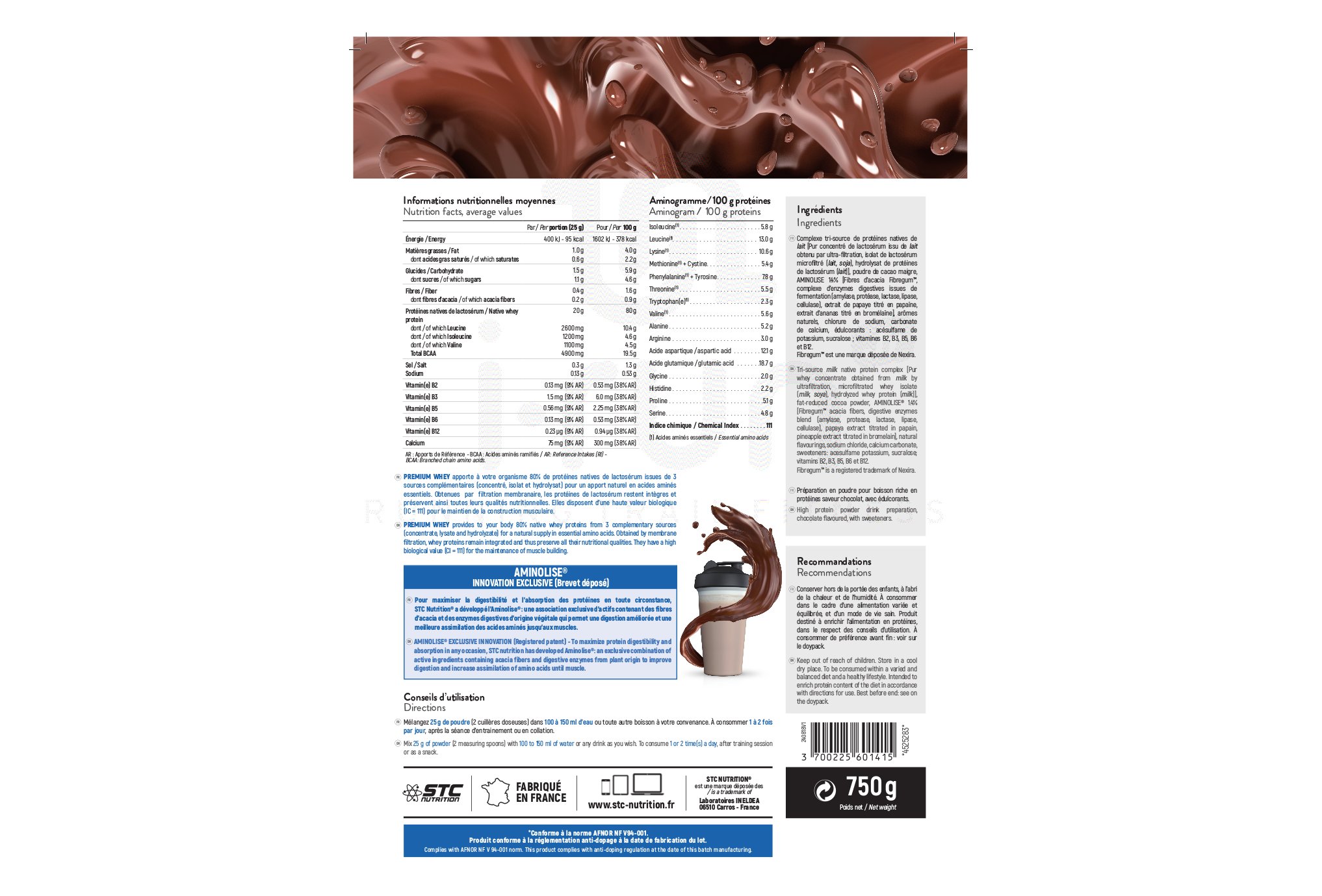 STC Nutrition Whey Pure Premium Protein chocolat 750 g